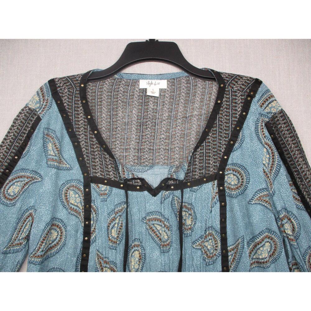 Style & Co Tunic Blue Paisley Bohemian Studded Tassel Peasant Blouse Size L - Picture 2 of 9